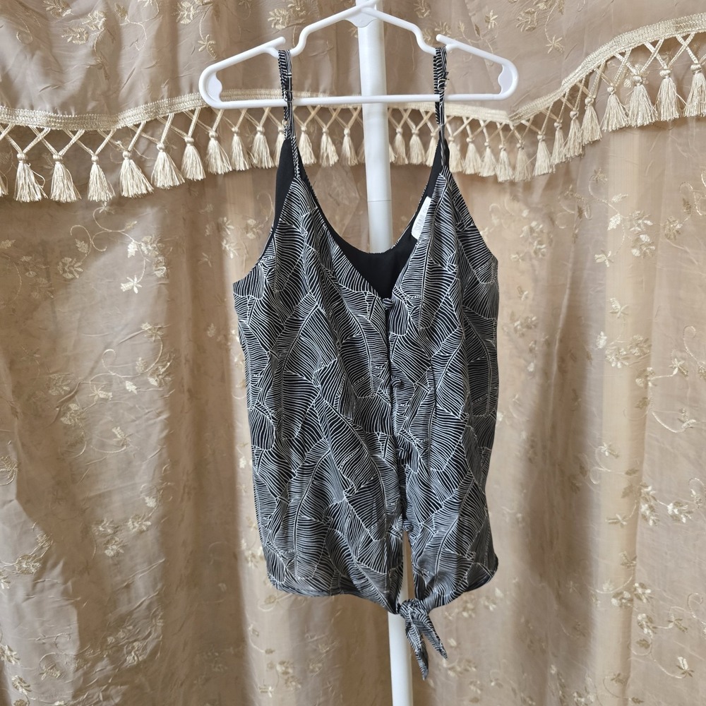 Sienna Sky Tank Top Button Up Tie Waist Tropical Palm‎ Leaf Print Size XS Y2K